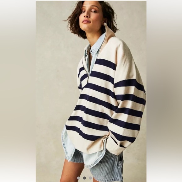 Free People Uptown Stripe Pullover Sweater Oversized Champagne Navy Combo - Picture 2 of 7